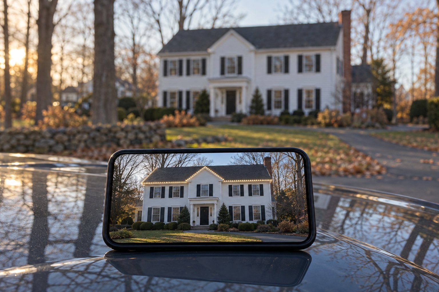 Phone on a car hood showing a lighting design preview of the colonial behind it