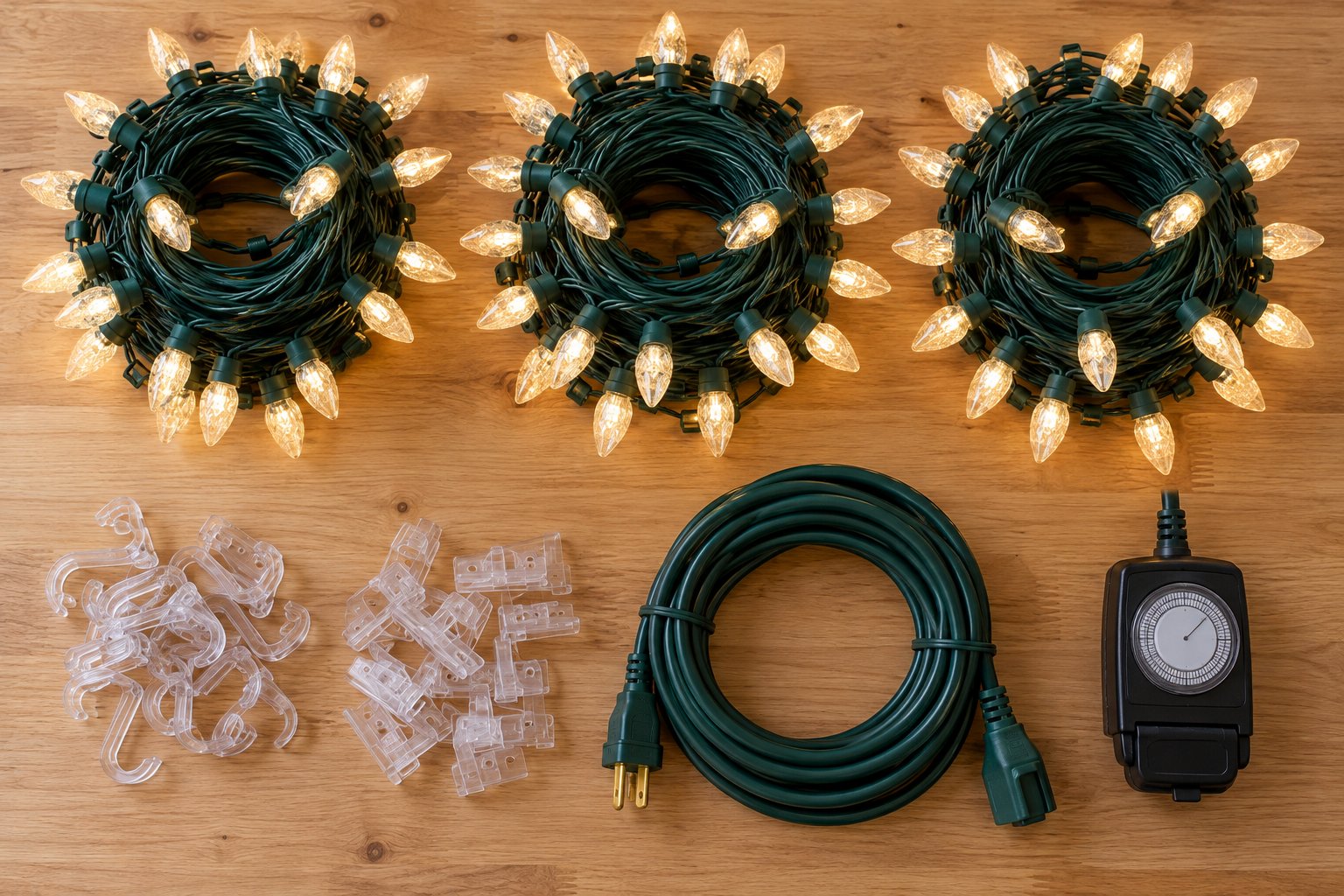 Warm white C9 light strings, gutter clips, extension cord and outdoor timer laid out on a workbench