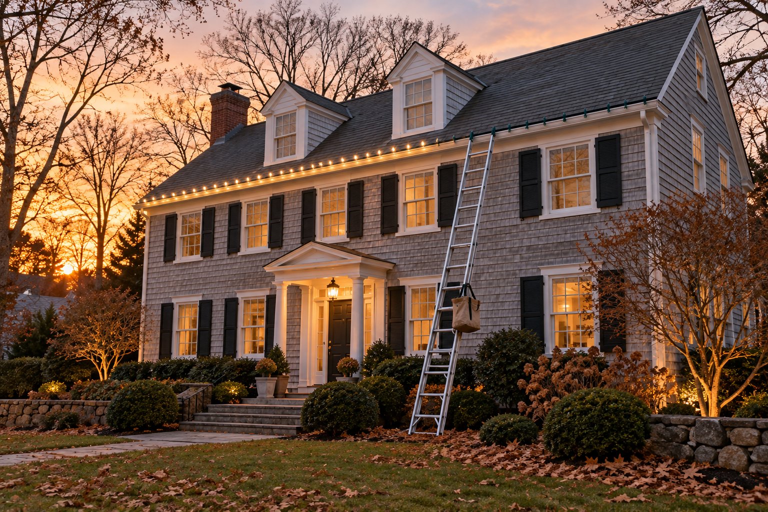 Ladder against a gray shingle colonial with the roofline half lit in warm white lights