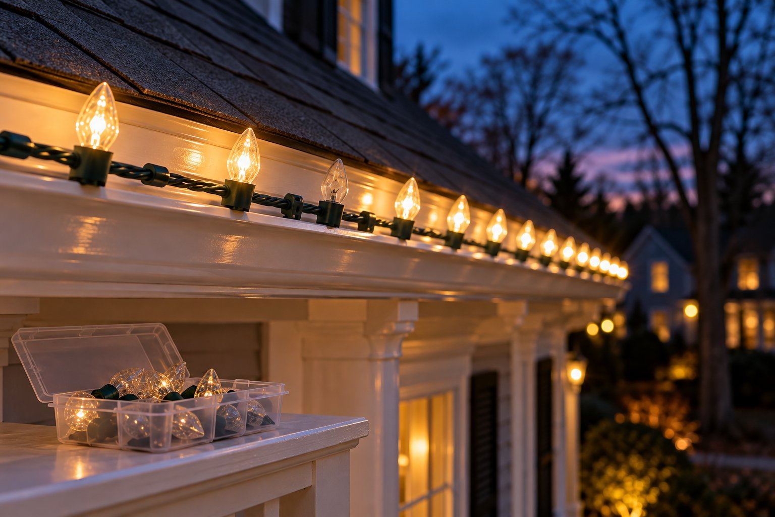 Lit roofline with one dark bulb and a box of spare C9 bulbs on the porch rail