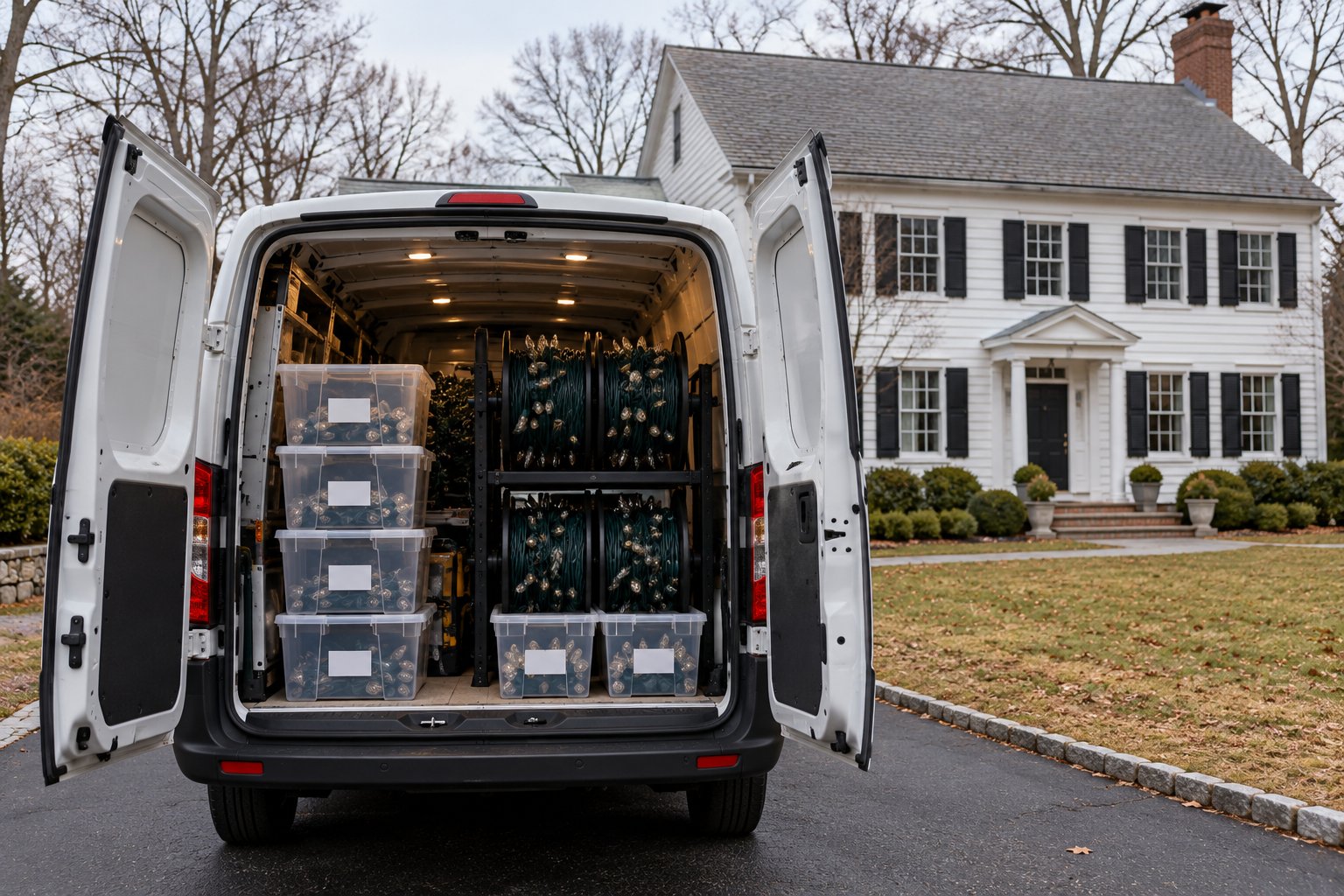Open work van stocked with labeled storage bins and light reels in front of a white colonial